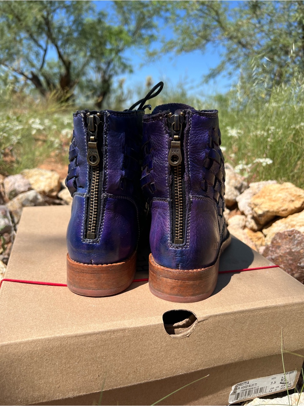 Bed|Stu Loretta Moody Blues TD 7.5 Blue Purple Tie Dye Woven Leather Boots - Picture 3 of 9
